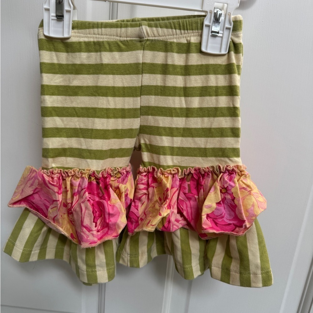 Giggle Moon 2T Girls Green Striped Bermuda Shorts with Pink Floral Ruffle